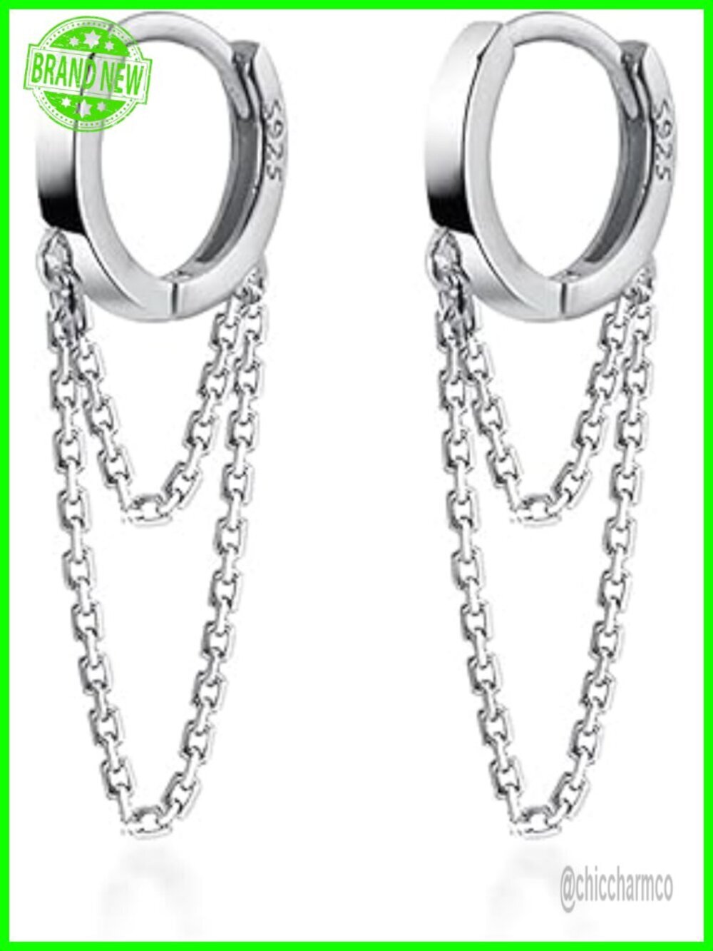 Small Sterling Silver Tassel Chain Drop Dangle Hoop Earrings Huggie